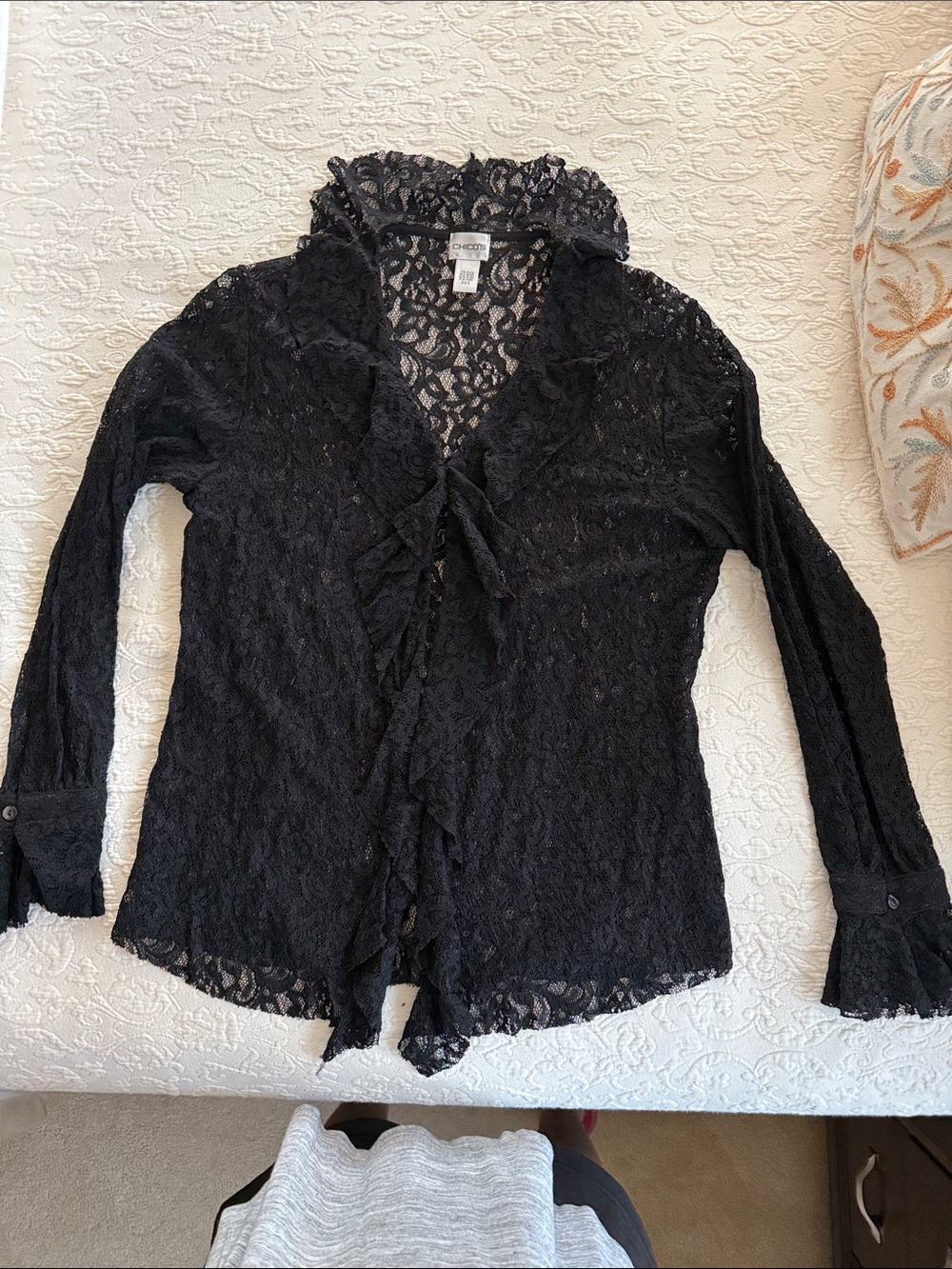Chico's Black Lace Ruffle Button Front Blouse